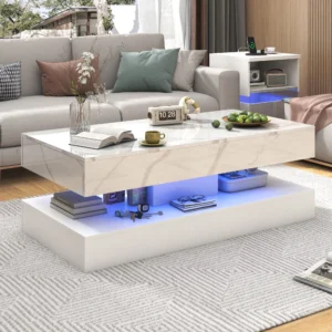Modern Double-Layer Coffee Table with LED lights and 2 Storage Drawers