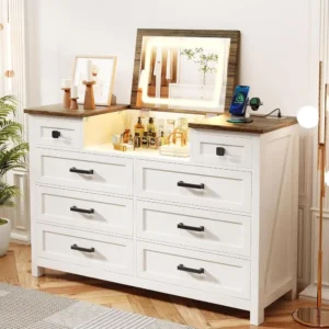 LED Mirrored 8-Drawer Dresser with Charging Station