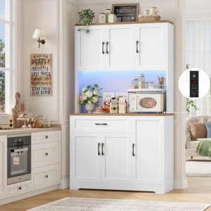 71" LED Pantry Cabinet with Power Outlet,  Microwave Stand & 6 Door Shelves