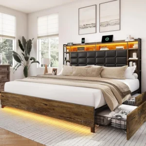 Bed Frame with Storage Drawers, Bookcase Headboard, Mattress Platform