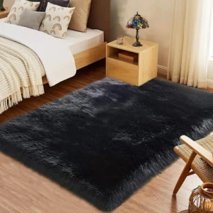Black Sheepskin Area Rug 10x12 Fluffy Fuzzy Shag Carpet